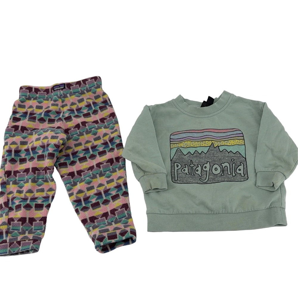 Patagonia Baby Fleece Pants & Sweatshirt Set 12-18M Green Multicolor